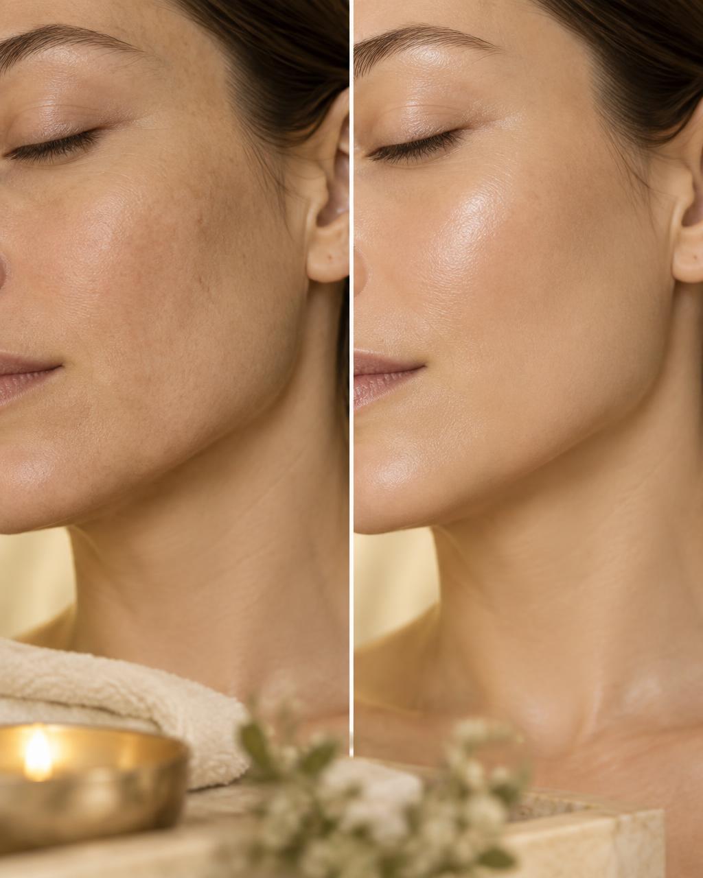 Illustrative before and after facial care comparison showing refreshed-looking cheek skin