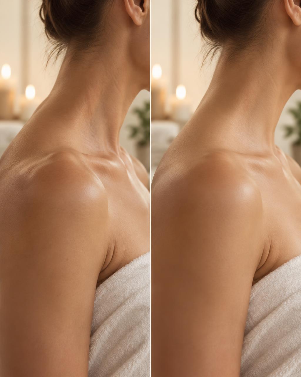 Illustrative before and after massage comparison focused on relaxed shoulders and neck