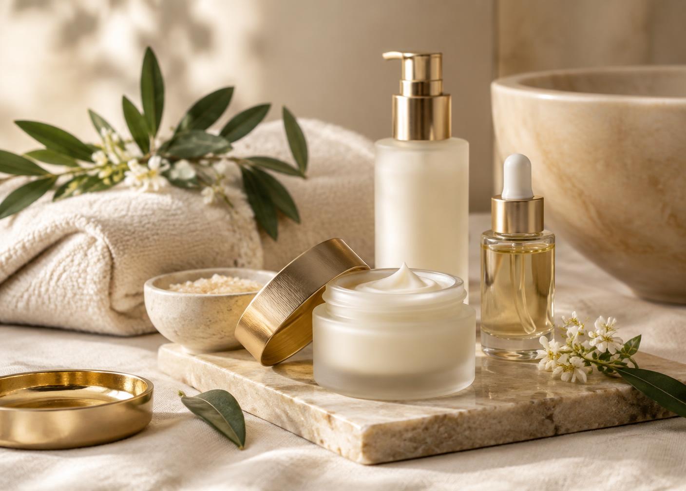 Facial care products and towels arranged for a calming spa experience